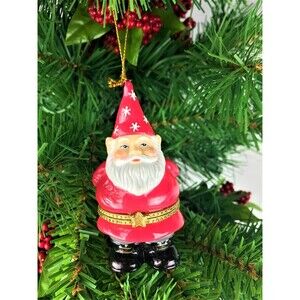 Red Santa Gnome Porcelain Hinged Trinket Box Christmas Ornament